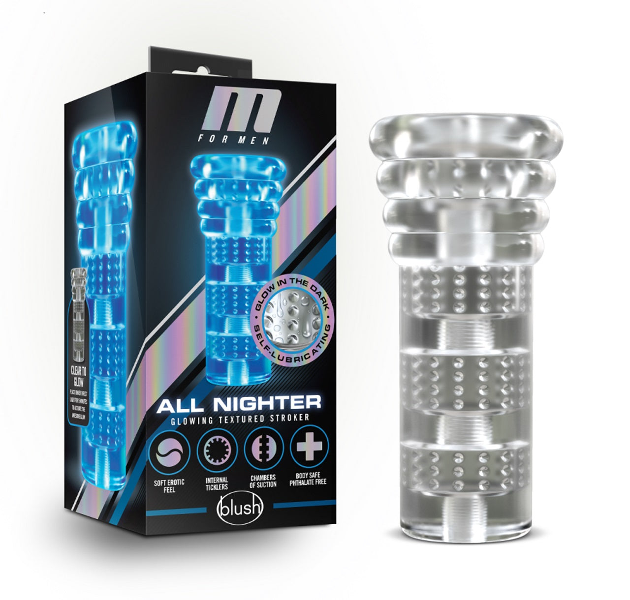 Masturbador Suave Textura Interna Brilla En La Obscuridad M for Men - Soft and Wet - All Nighter - Clear